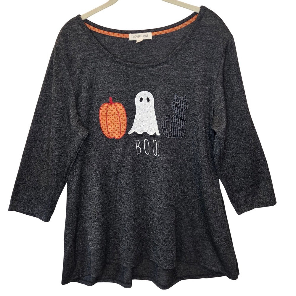 Clover + Pine Halloween Boo Pumpkin Ghost Cat Grey 3/4 Sleeve Top XL